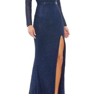 Mac Duggal Sparkling Midnight Blue Gown, Long sleeve, beaded